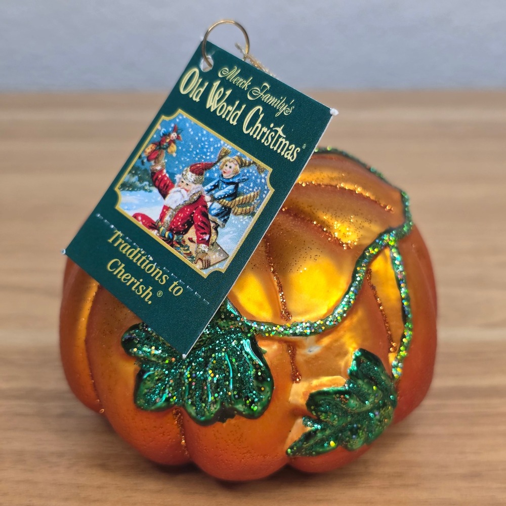 Old World Christmas Harvest Pumpkin Ornament Orange Glitter Glass New With Tags